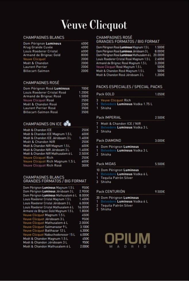 Carta precios mesas VIP opium